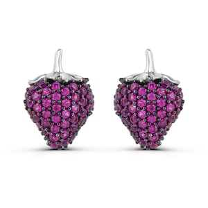 Round Created Ruby Cluster Setting Sterling Silver Strawberry Stud Earrings