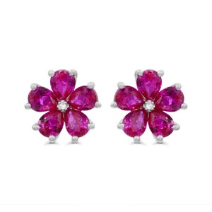 Created Ruby and Diamond Accent Floral Stud Earrings in Sterling Silver