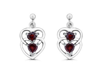 Sterling Silver Garnet Heart Dangling Earrings