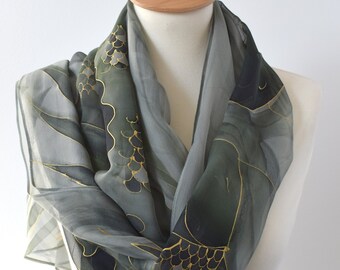Koi fish silk scarf,Chiffon silk scarf,Hand painted scarf,Green silk scarf,Large silk scarf,Silk scarf,AnaSilkDesign