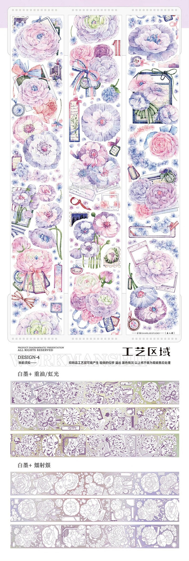 CharlieStudio vol.8 original Collection Part1 hochwertige klare PET Kunststoff Masking Tape Sampler perfekt für Journal/TN/Planner/Basteln Peony =6×100cm