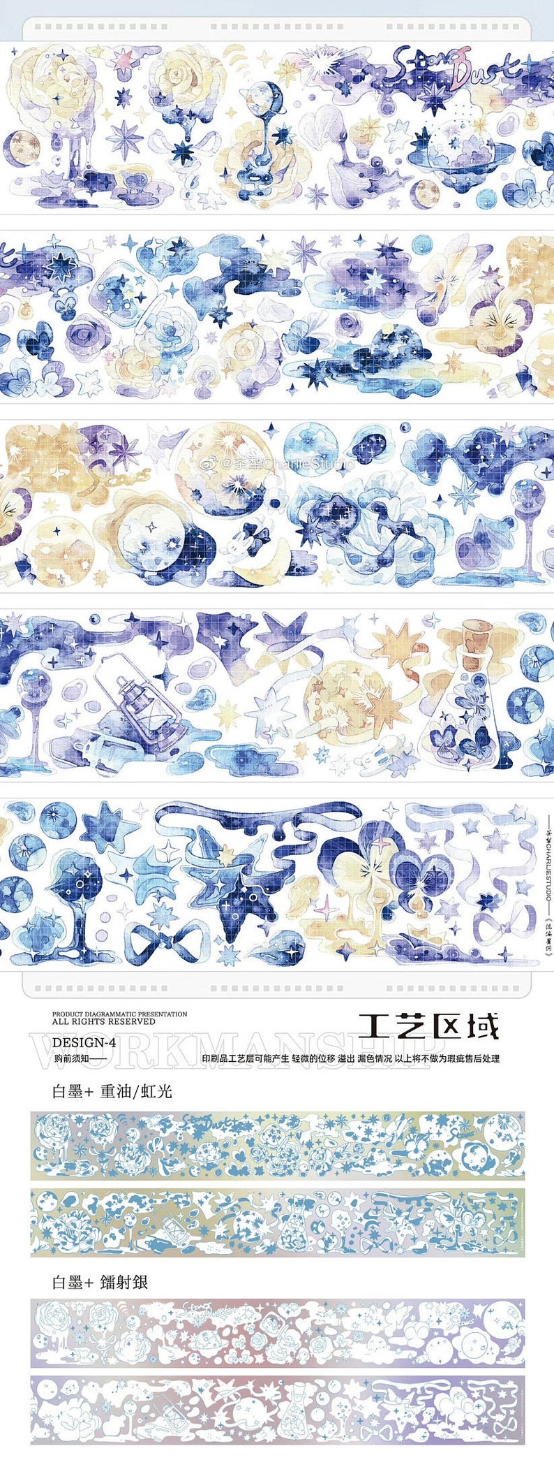 CharlieStudio vol.8 original Collection Part1 hochwertige klare PET Kunststoff Masking Tape Sampler perfekt für Journal/TN/Planner/Basteln Milky Way =7×100cm