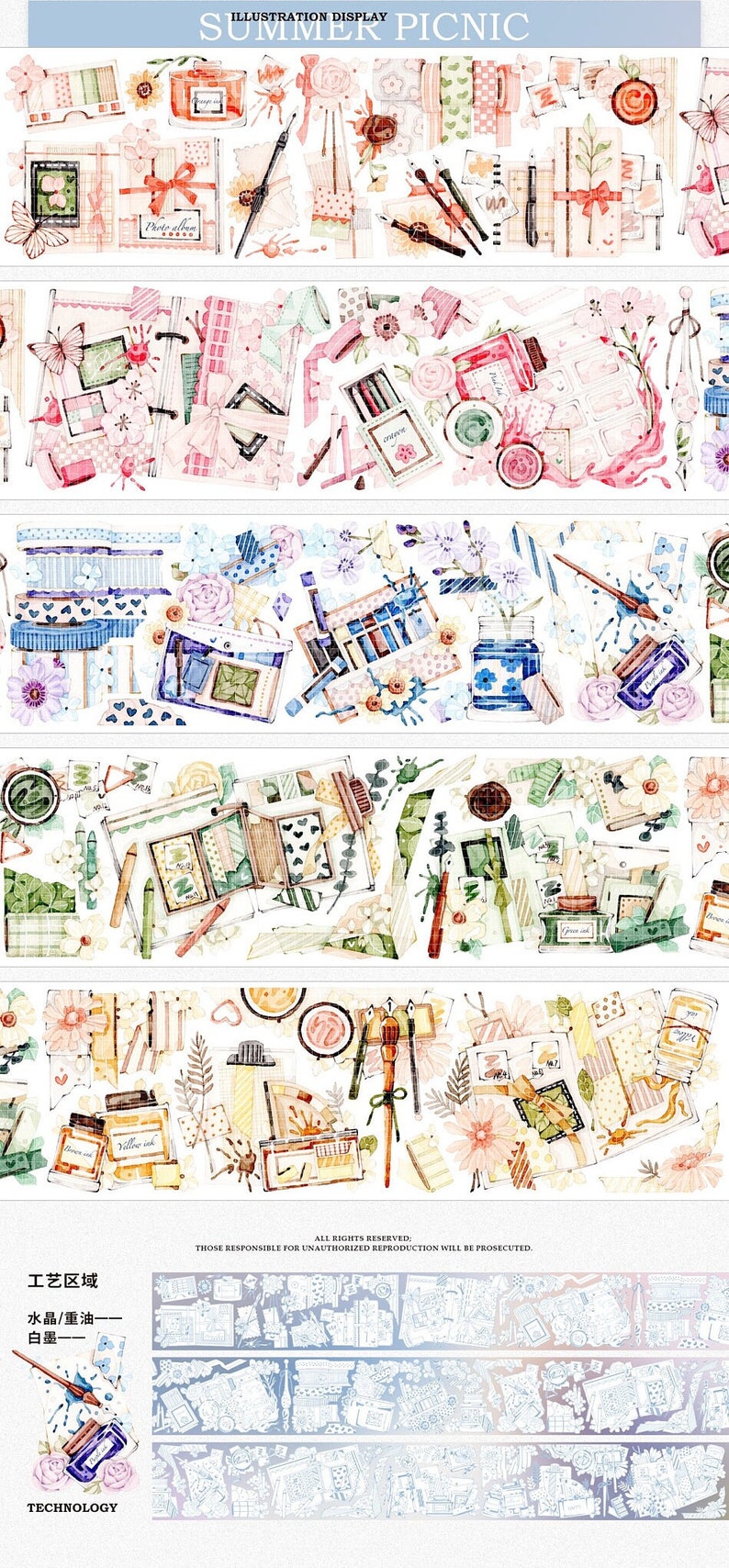 SOMMER PICKNICK vol.6 original Sammlung hochwertige PET-Kunststoff-Masking Tape Sampler perfekt für Journal/Planer/Album/Scrapbook PaintingPen6.5×100cm