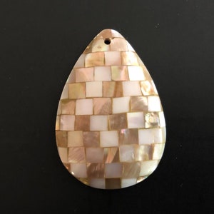 Inlaid shell pendant, mosaic shell pendant, teardrop mosaic pendant, mother of pearl and brownlip shell image 1