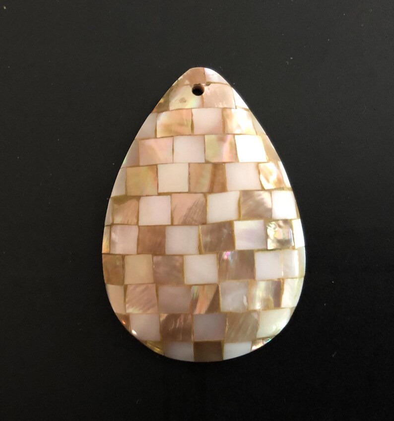 Inlaid shell pendant, mosaic shell pendant, teardrop mosaic pendant, mother of pearl and brownlip shell image 1