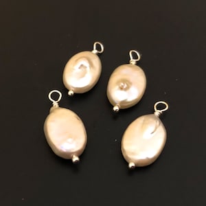 Pearl Dangle Charm Pendant Sterling Silver Off White Flat Oval