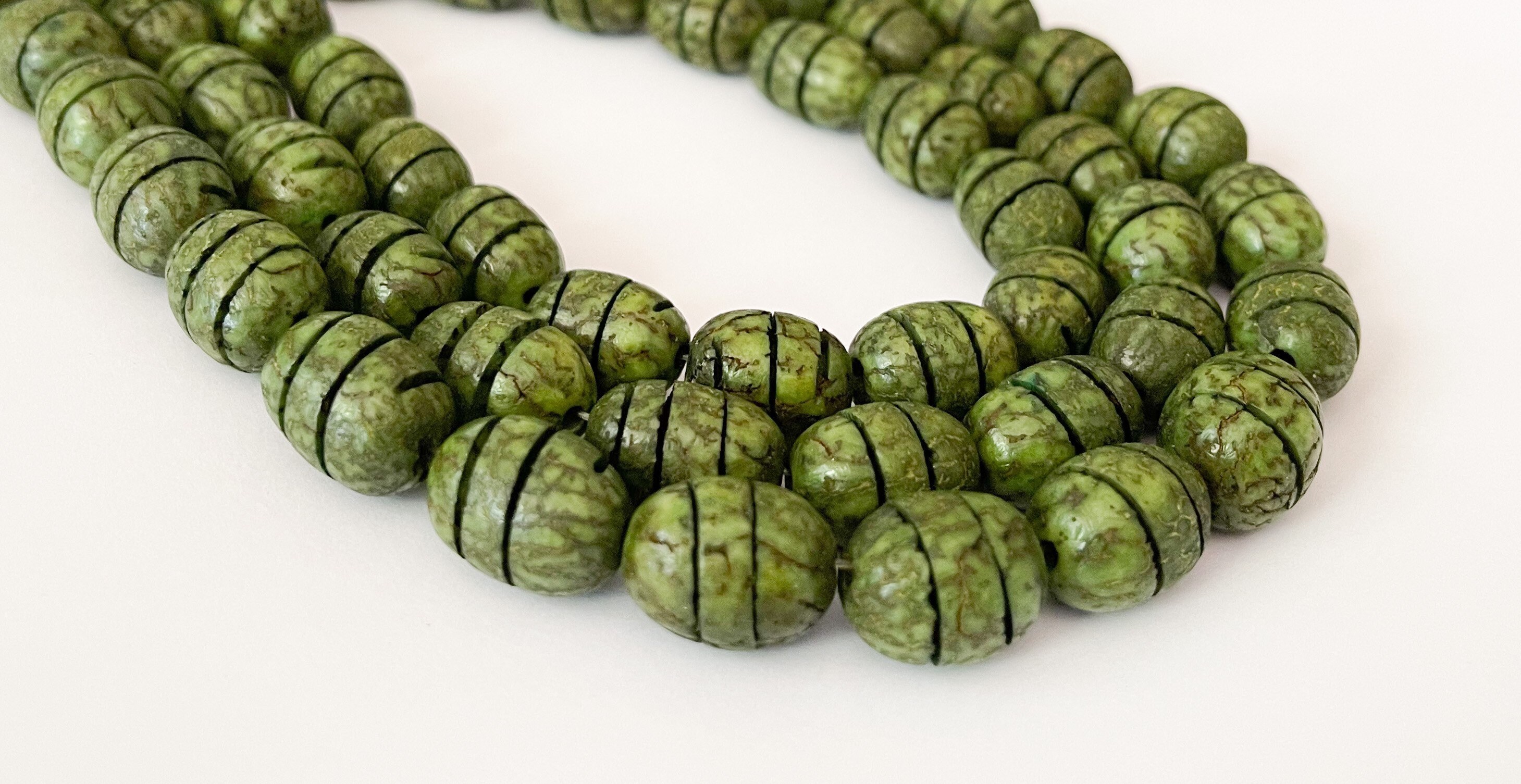 Betel Nut Beads Salwag Oval Carved 16” Strand Green