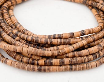 4mm Coconut Heishi Beads: Natural Wood, 24" Strand Tiger