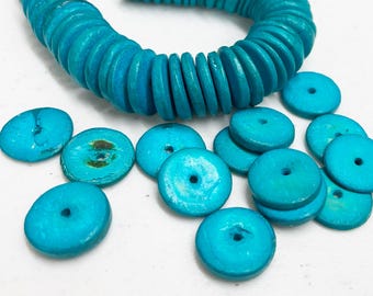 Turquoise Coconut Wood Beads, 20mm Coco Rondelle, Natural Shell (30pc)