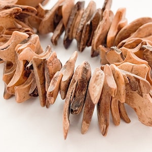 May include: A close-up of a bracelet made of light brown, organic-shaped wooden beads. The beads have a natural, textured appearance with darker brown accents. The bracelet is displayed on a white surface.