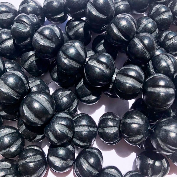 Carved Wood Squash Melon Beads 15x20mm-7 1/2” strand Black