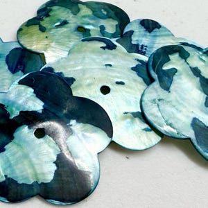 Può includere: Una collezione di bottoni a forma di fiore con finitura perlata. I bottoni presentano un mix di colori blu, verde e bianco. Ogni bottone ha un foro al centro per cucire.