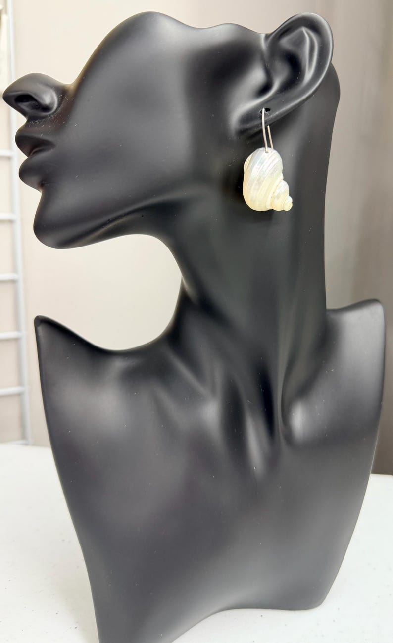 May include: A pair of seashell earrings displayed on a black mannequin. The earrings are pearlescent white and cream-colored, with a curved, spiral design. The earrings hang from silver-colored hooks.
