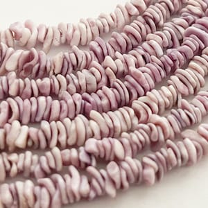 May include: A strand of purple and white shell beads. The beads are irregular in shape and have a natural, organic look.