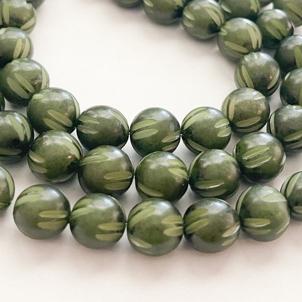Nut Beads Buri Round Carved 10mm 16” strand Army Green