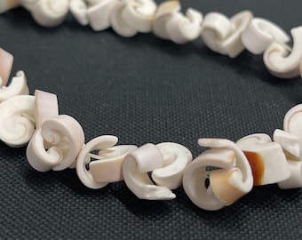 Puede incluir: Un collar de conchas blanco y marrón hecho de pequeñas conchas marinas talladas de forma intrincada. Las conchas están dispuestas en espiral y están enhebradas en un hilo transparente.