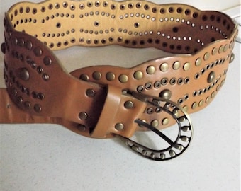 Horseshoe Buckled Western Belt~Wide Super Studded Camel Faux Leather