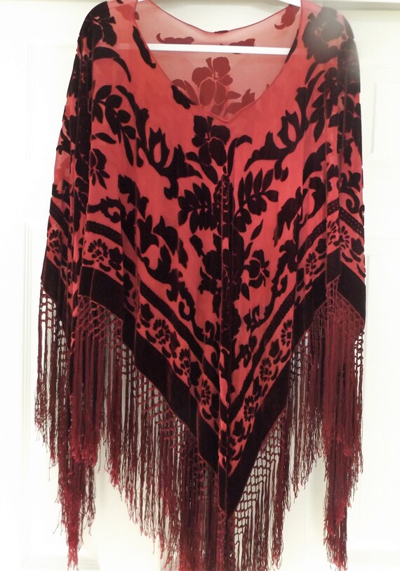 Devoré Burgundy Velvet Poncho