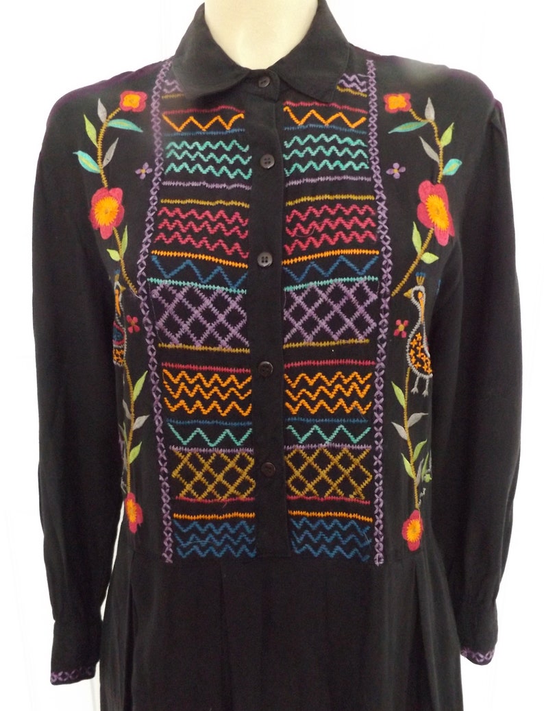 Vintage 70s Passport of Pier 1 Imports~Vibrantly Embroidered Bodice Black Shirt-Maker Style Dress