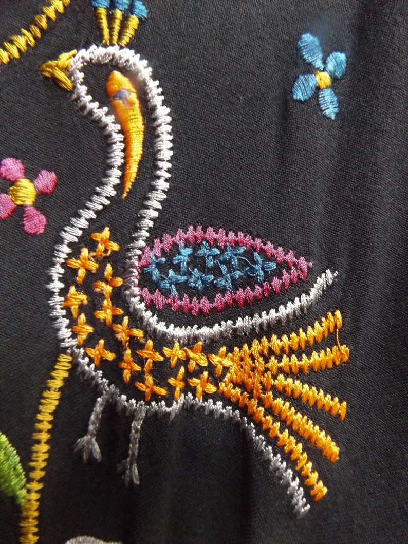 Vintage 70s Passport of Pier 1 Imports~Vibrantly Embroidered Bodice Black Shirt-Maker Style Dress