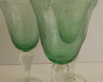 Green Seeded Hand Blown Goblets with a Clear Glass Stems: Set of Three