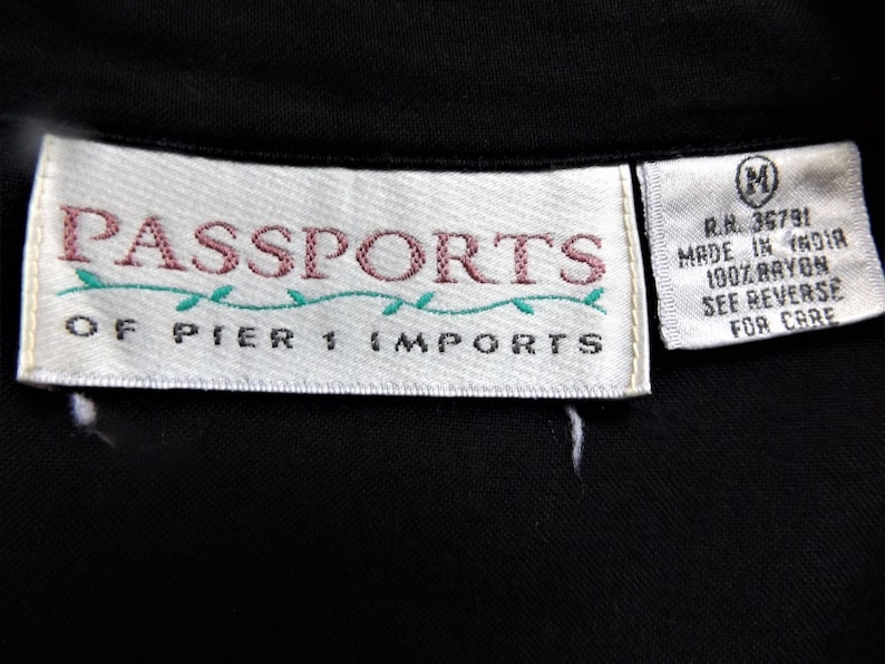 Vintage 70s Passport of Pier 1 Imports~Vibrantly Embroidered Bodice Black Shirt-Maker Style Dress