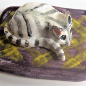 Cat on a Mat Folk Art Figurine Handmade OOAK Glazed Clay by Dee 'Ann' Burrows image 1