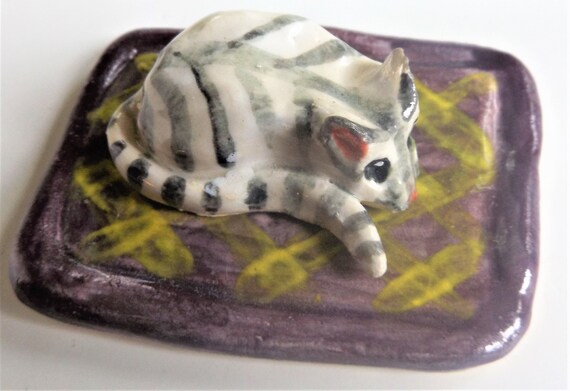Cat on a Mat Folk Art Figurine ~ Handmade OOAK Gl… - image 1
