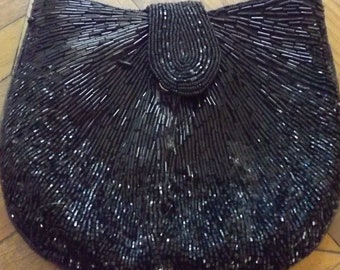 La Regale ~ Beautiful Black Beaded Evening Bag with All Around Design ~ Handmade in China
