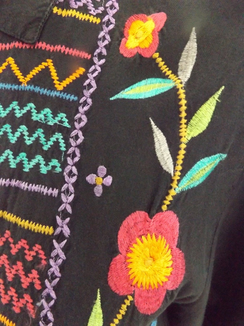 Vintage 70s Passport of Pier 1 Imports~Vibrantly Embroidered Bodice Black Shirt-Maker Style Dress