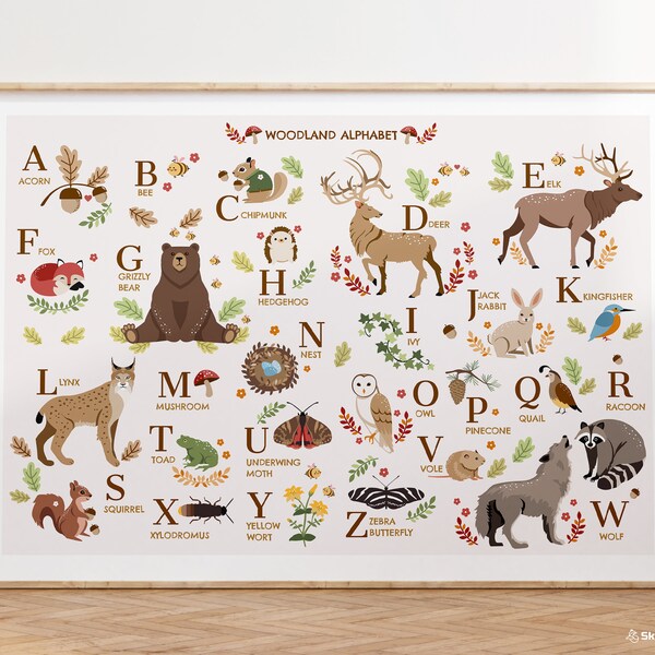 WOODLAND ALPHABET, Woodland beige print, Alphabet, Educational Nursery Print, alphabet poster, Nursery woodland theme, forrest alphabet