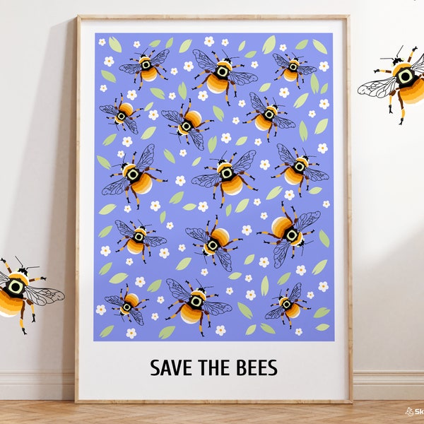 Save the bees, Bee Illustration, Bee art, Bee Conservation, Environmental poster, Pollinator Art, Nature decor,Botanical Art, Nature print