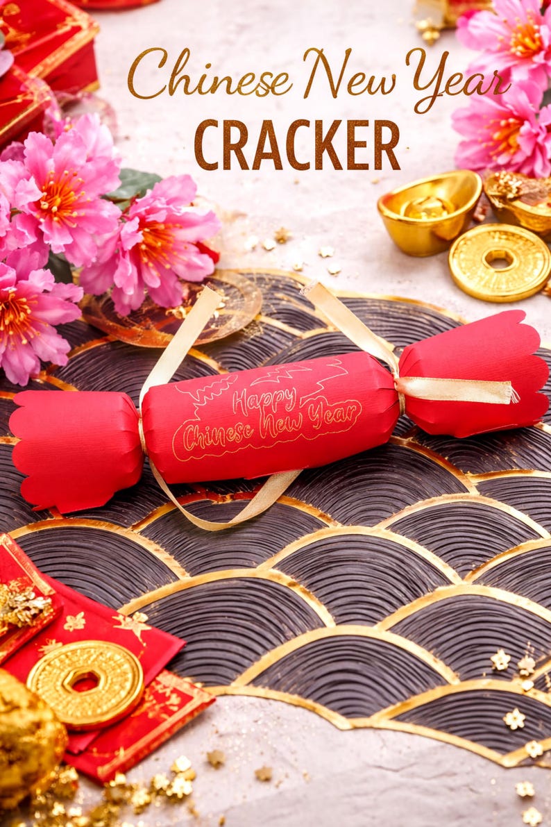 A red Chinese New Year cracker is displayed on a decorative surface, surrounded by gold coins, flowers, and other festive elements.