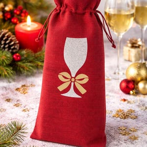 Personalised Wine Bottle Bag, Red Hessian Holder, Champagne Flute Design, Christmas Hostess Present, Reusable Burlap Wrap, Anniversary Gifts