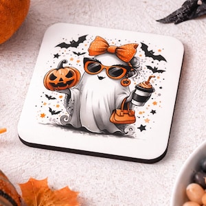 Halloween Coaster, Cute Ghost Drinkware, Spooky Pumpkin Decor, Autumn Coffee Tableware, Seasonal Mug Rest, Orange Bow Artwork, Batty Cup Mat
