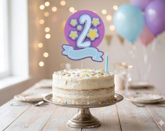 Personalised 2nd Birthday Cake Topper, Custom Name Number Two Party Decor, Purple Yellow Star Theme, Boys Girls Smash Cake Decoration