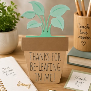 Teacher Gift Voucher Holder, Plant Pot Card | Be-Leafing Pun | End Term Keepsake