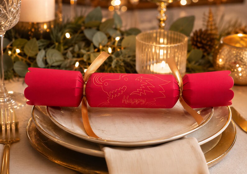 A festive Christmas table setting with a red cracker decorated with a dragon design, surrounded by greenery, candles, and other holiday decorations.