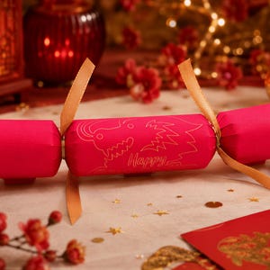 A red Chinese New Year cracker with gold accents and a dragon design sits on a table surrounded by red flowers and gold decorations.