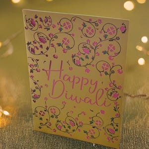 Happy Diwali Greeting Card, Festival of Lights Wishes, Yellow Floral Front, Hindu Celebration Message, Family Friend Gift, Pink Script