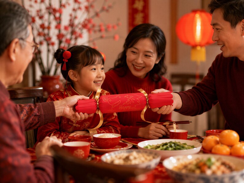 A family of three, dressed in red, is gathered around a table filled with food, smiling and enjoying a festive meal together.