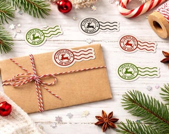 Christmas Air Mail Stickers: North Pole Reindeer Postmarks (Set of 10, 24, 50)