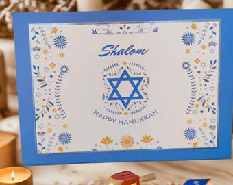 Personalised Hanukkah Card, Jewish Holiday Greeting, Star of David, Shalom, Blue Gold, Handmade Card