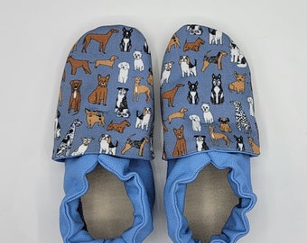 Size 7 and size 8 combined size classroom shoes. Montessori. Waldorf. Soft soled slippers. Vegan shoes. Ready to ship. Dogs puppies blue