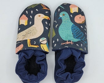 Size 5 and size 6 combined size classroom shoes. Montessori. Waldorf. Soft soled slippers. Vegan shoes. Ready to ship. City birds pigeon