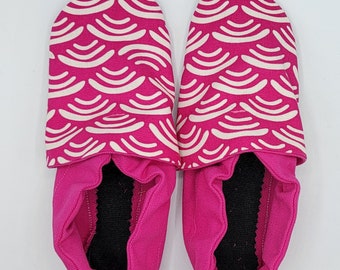 Size 12 and size 13 combined size classroom shoes. Montessori Waldorf. Vegan Soft soled slippers. Ready to ship. Hot pink Rainbow waves
