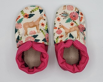 BABY size 1 & 2 combined size soft shoes. 0-6+ months. Soft soled slippers. Vegan shoes. Ready to ship. Horses and flowers