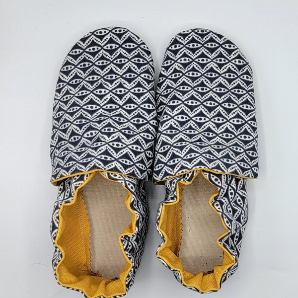 Custom classroom shoes, soft soled slippers, made to order slippers. Montessori or Waldorf shoes. Made to order. Modern blue white pattern