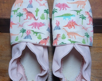 Custom classroom shoes, soft soled slippers, made to order slippers. Montessori Waldorf shoes. Made to order. Pink dinosaurs