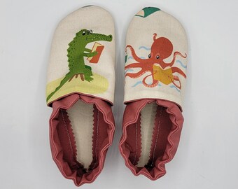 Size 12 and size 13 combined size classroom shoes. Montessori Waldorf. Vegan Soft soled slippers. Ready to ship. Crocodile octopus books